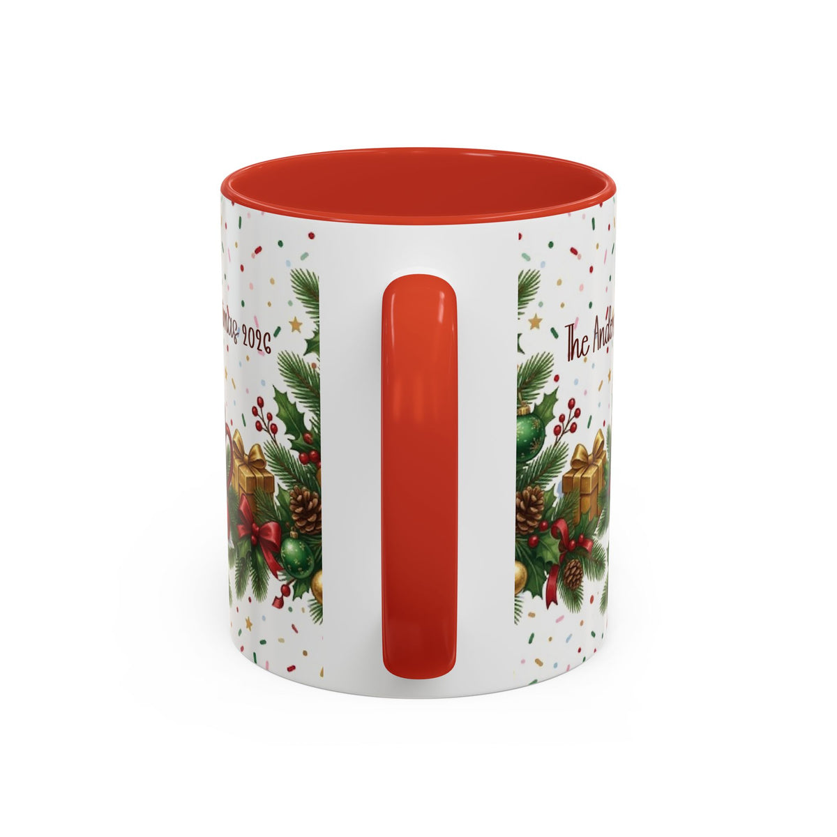 Red personalized Tis the Season to Be Caffeinated mug, 11oz, handle view