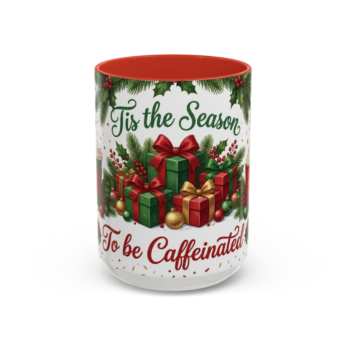 Red personalized Tis the Season to Be Caffeinated mug, 15oz, front view