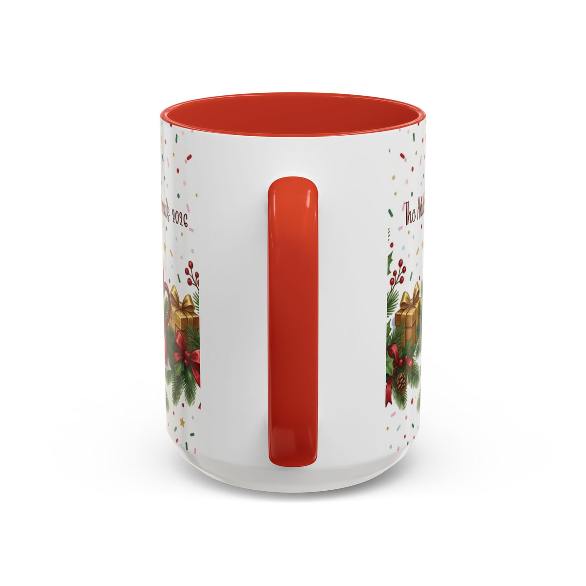 Red personalized Tis the Season to Be Caffeinated mug, 15oz, handle view