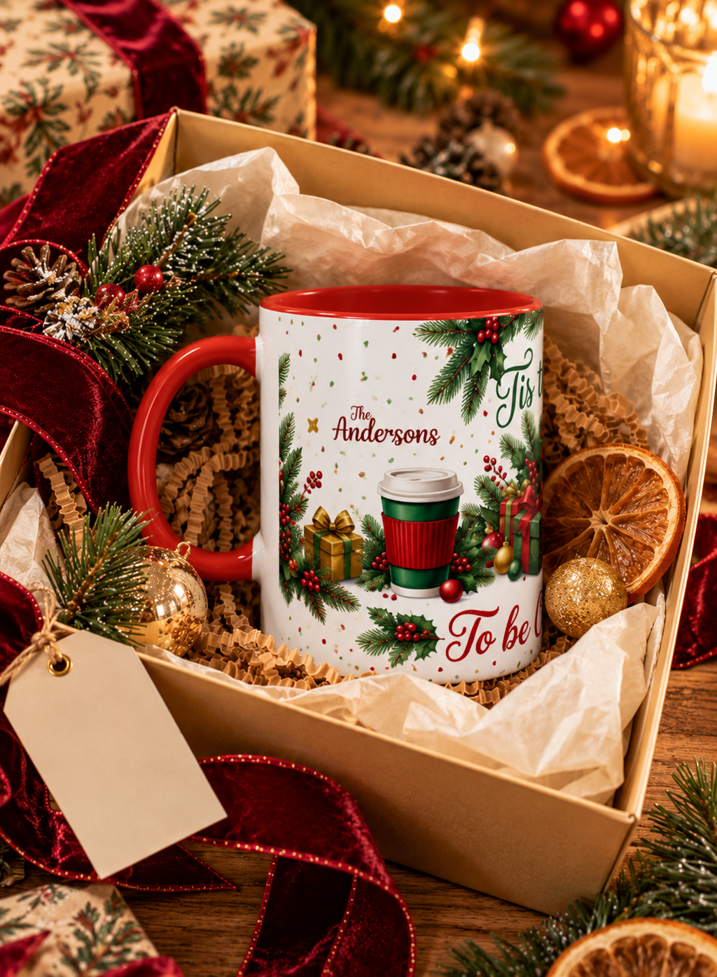 Red personalized Tis the Season to Be Caffeinated mug in a Christmas gift box, lifestyle photo