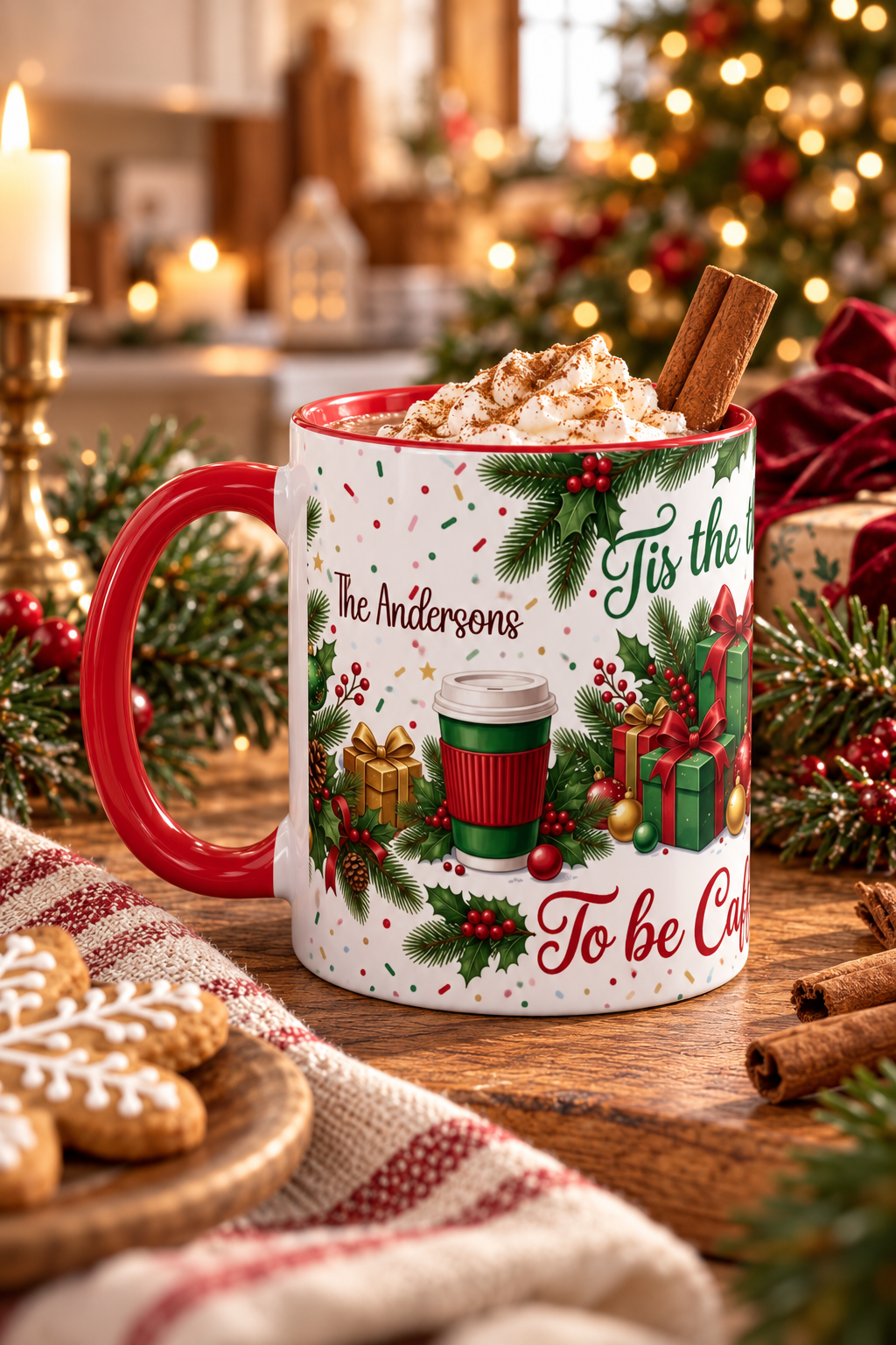 Red personalized Tis the Season to Be Caffeinated mug with hot cocoa and Christmas treats, lifestyle photo