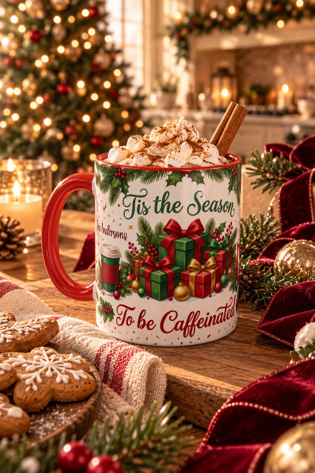 Red personalized Tis the Season to Be Caffeinated mug with hot cocoa by the Christmas tree, lifestyle photo