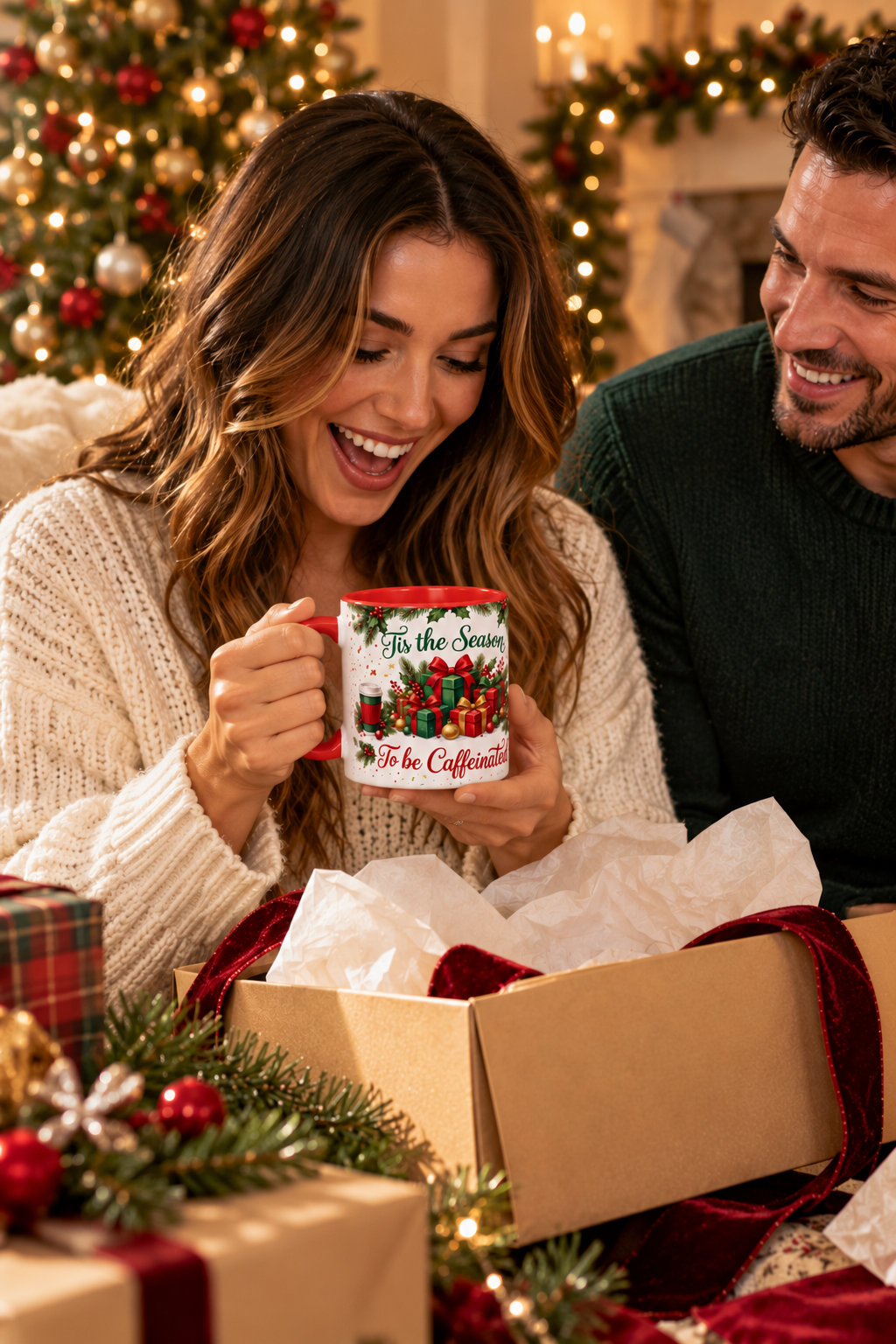 Red personalized Tis the Season to Be Caffeinated mug being unwrapped as a Christmas gift, lifestyle photo