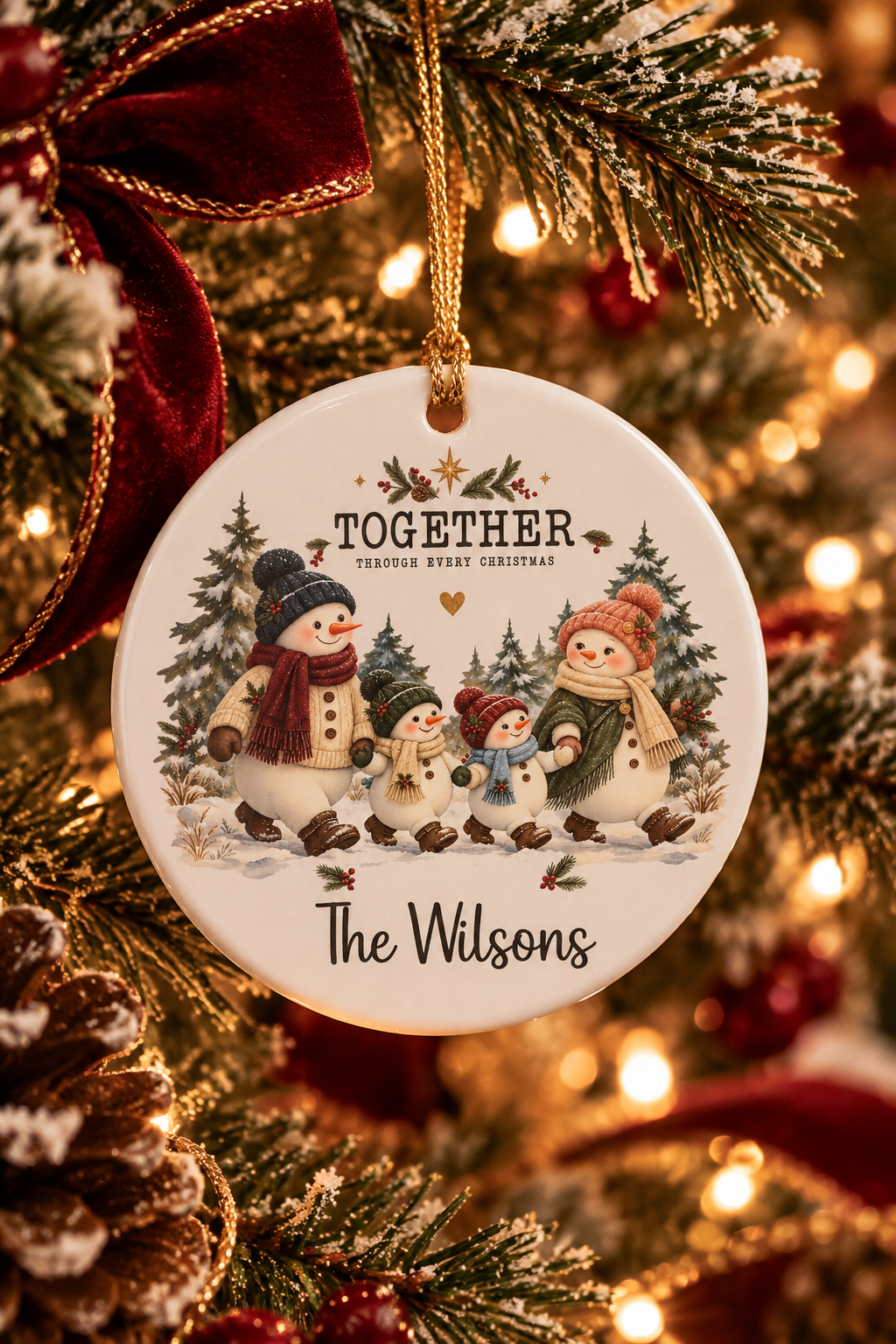 Personalized Together Through Every Christmas ornament on a decorated Christmas tree with red ribbon and warm lights, lifestyle photo