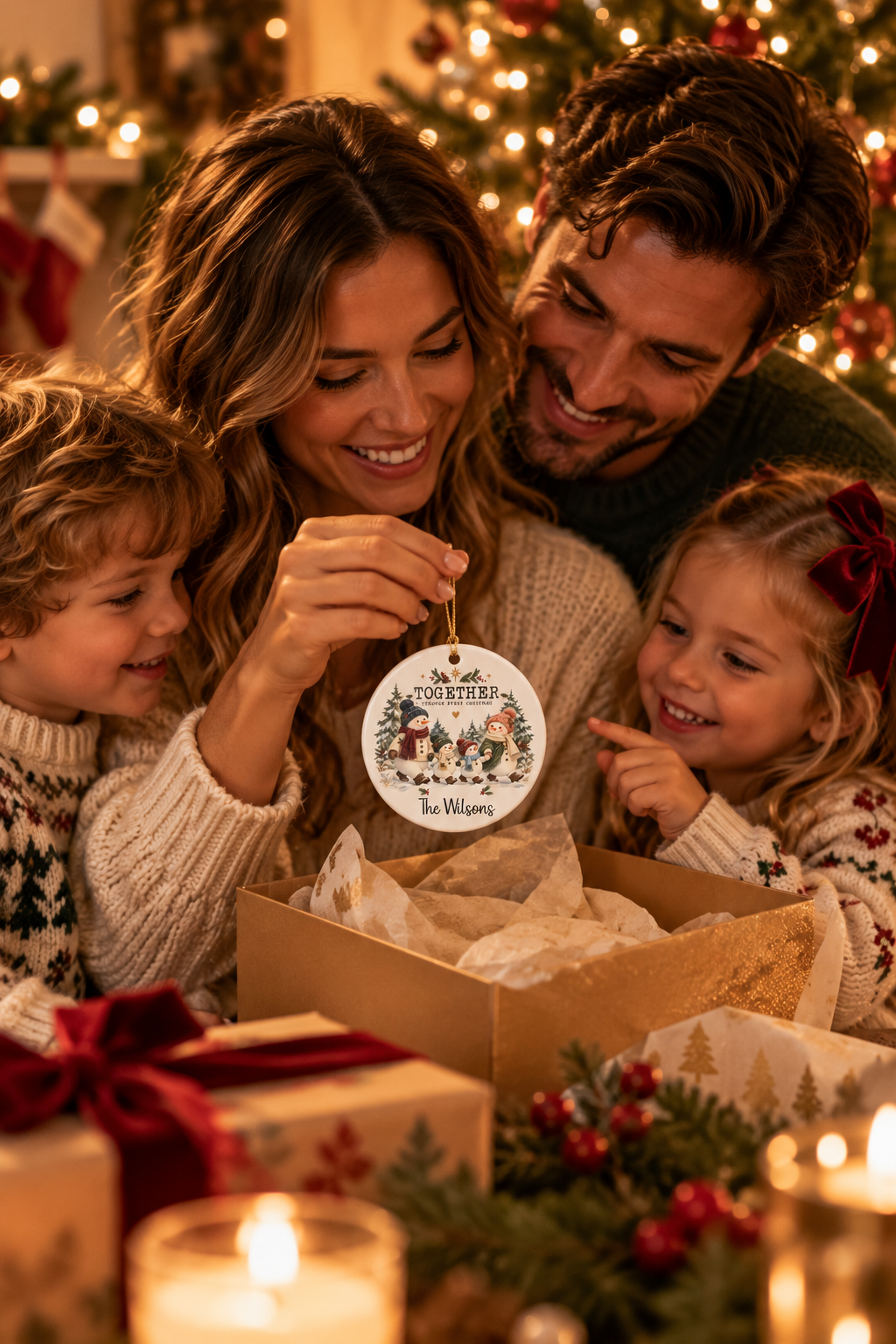 Family with children opening the Together Through Every Christmas ornament
