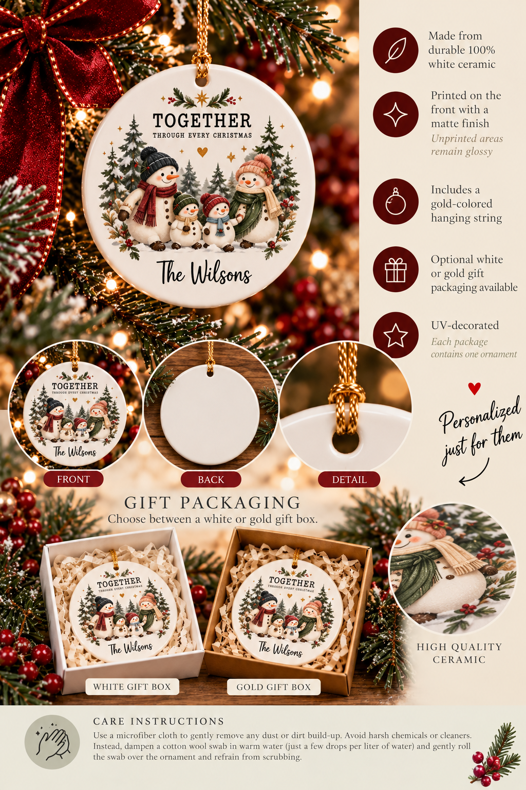 Personalized Together Through Every Christmas ornament infographic with features, gift packaging options and care instructions