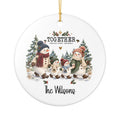 Personalized Together Through Every Christmas ornament with a snowman family of four walking through a snowy pine forest, front view