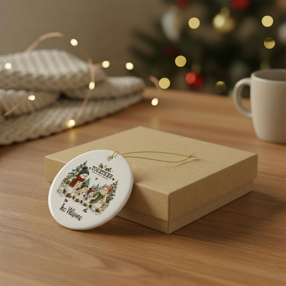 Personalized snowman family Christmas ornament resting on a kraft gift box beside a mug and knit throw