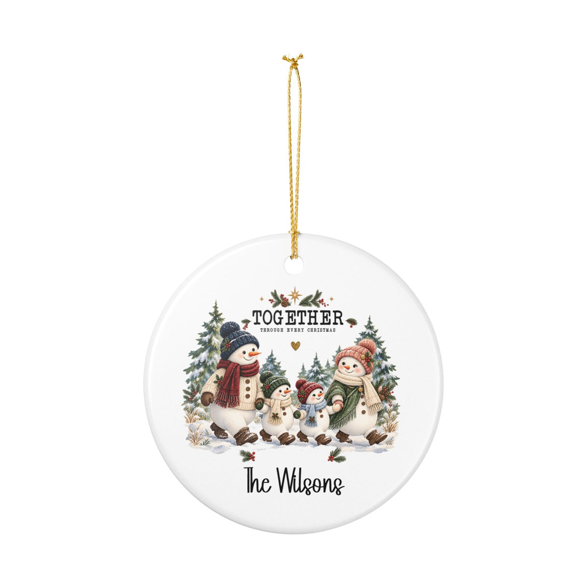 Personalized Together Through Every Christmas ornament hanging from its gold string