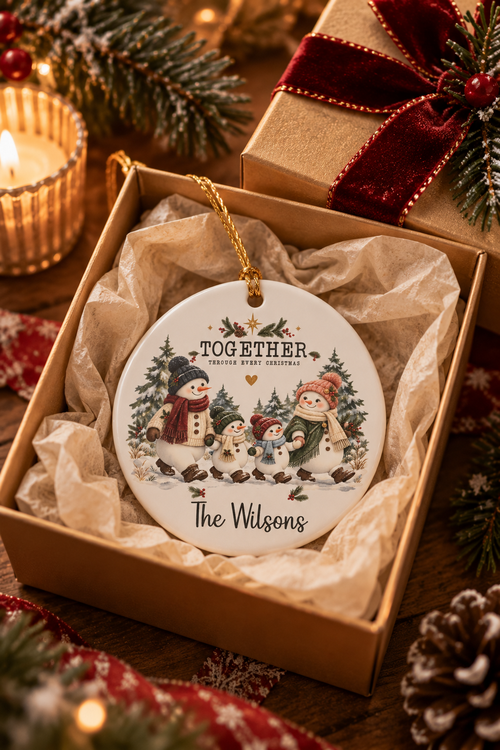 Together Through Every Christmas ornament nestled in a kraft gift box with crinkle paper, ready to give