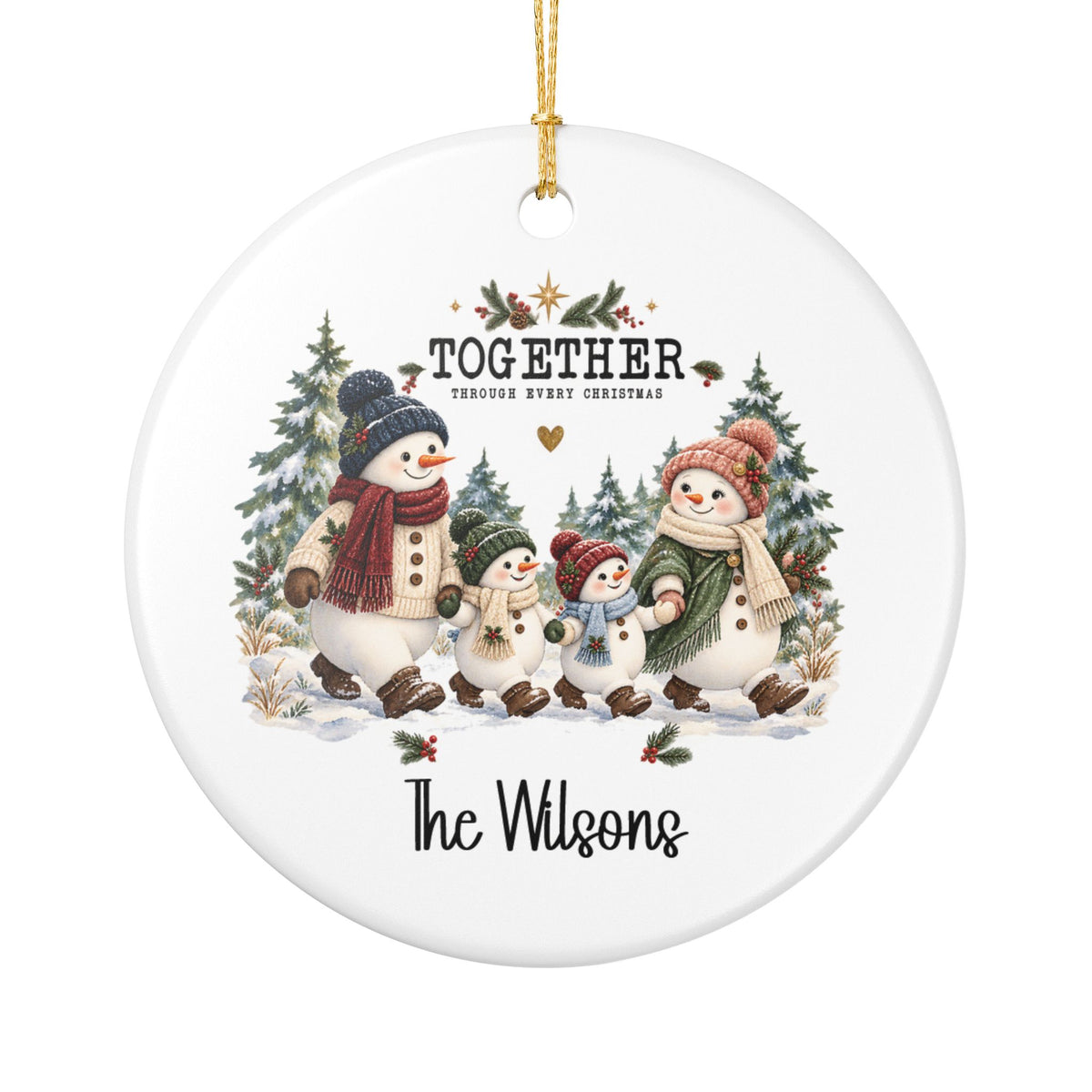 Together Through Every Christmas ceramic Christmas ornament personalized with "Together" and the family name