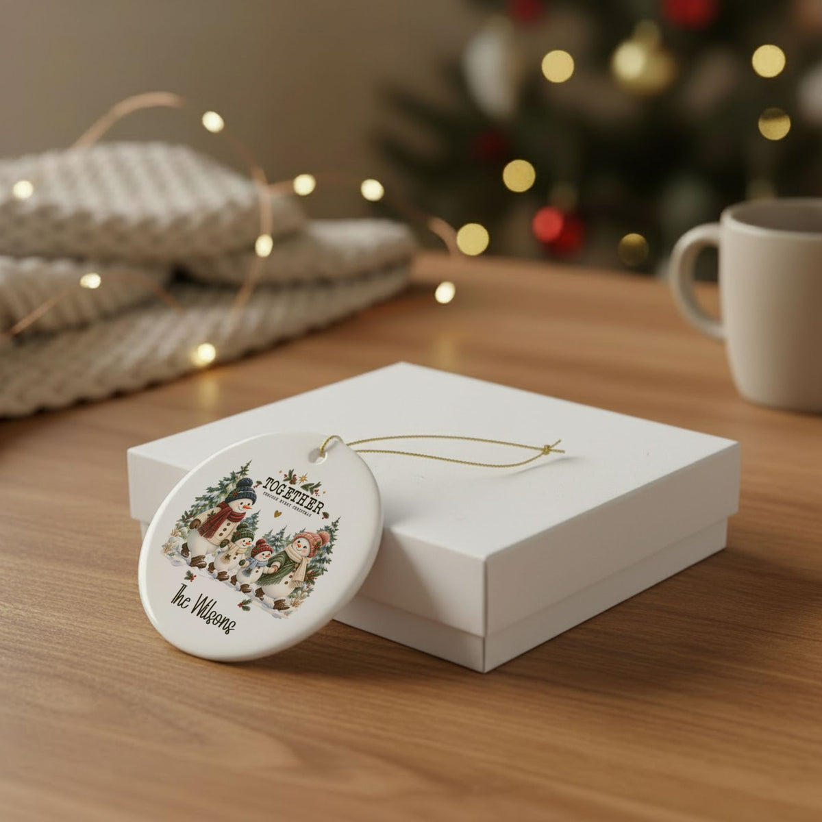 Together Through Every Christmas ornament leaning against a white gift box on a wooden table