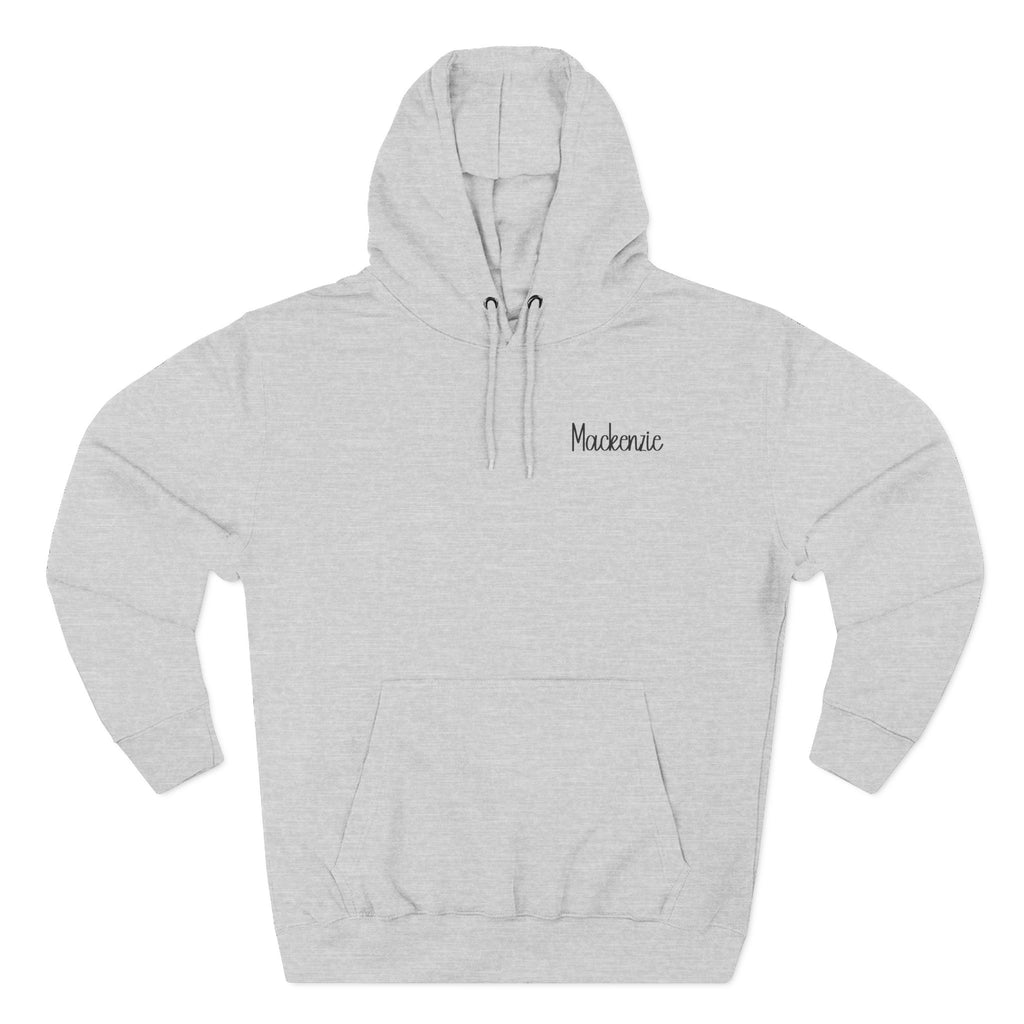 Heather grey personalized hoodie, back view, with “Trust the Journey” design