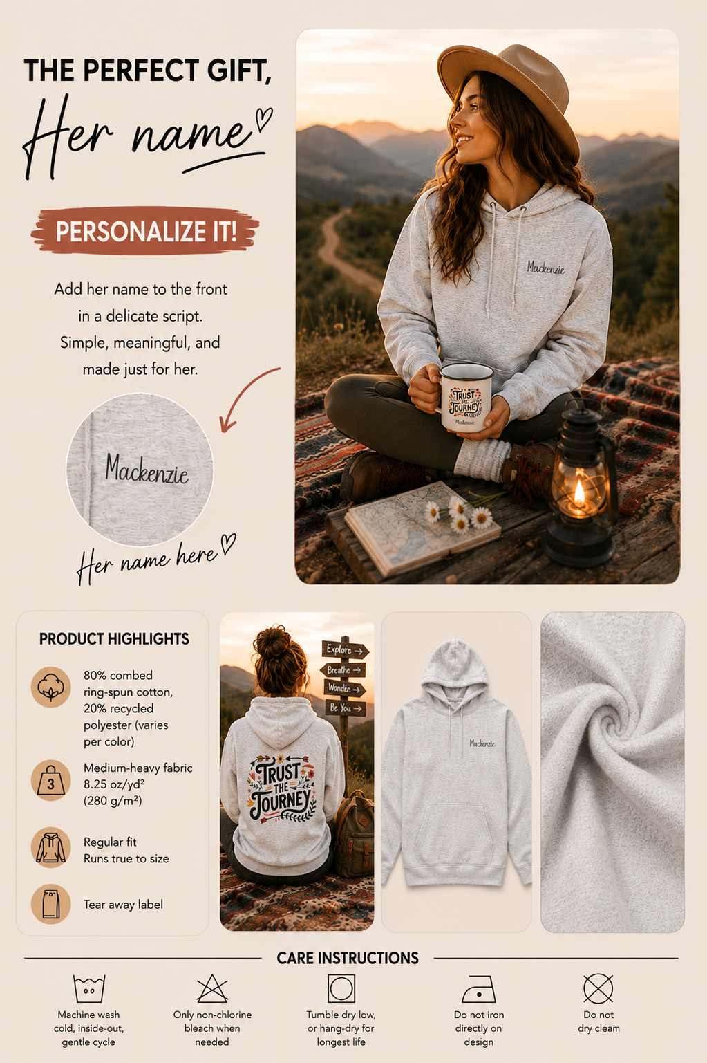 Product information graphic showing personalization placement, fabric details, and care instructions