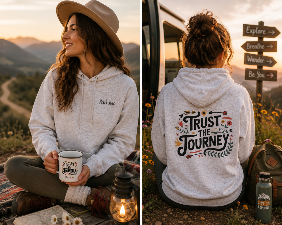 Woman wearing the personalized hoodie, front view with name on the chest and back view showing the design