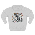 Front view of heather grey hoodie with customizable name embroidered on the chest