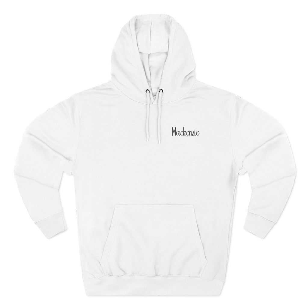 Front view of white hoodie with customizable name embroidered on the chest