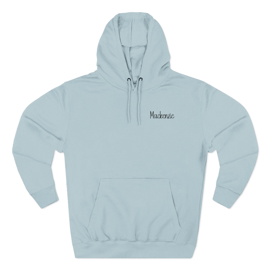 Back view of blue mist hoodie with “Trust the Journey” design