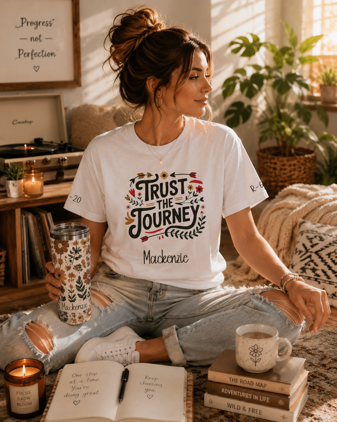 A woman sits cross-legged on a rug in a cozy, sunlit room wearing a white graphic t-shirt that reads 'TRUST THE JOURNEY' with floral accents and 'Moodie' underneath. She is holding a floral-patterned tumbler and surrounded by books, a mug, and candles.