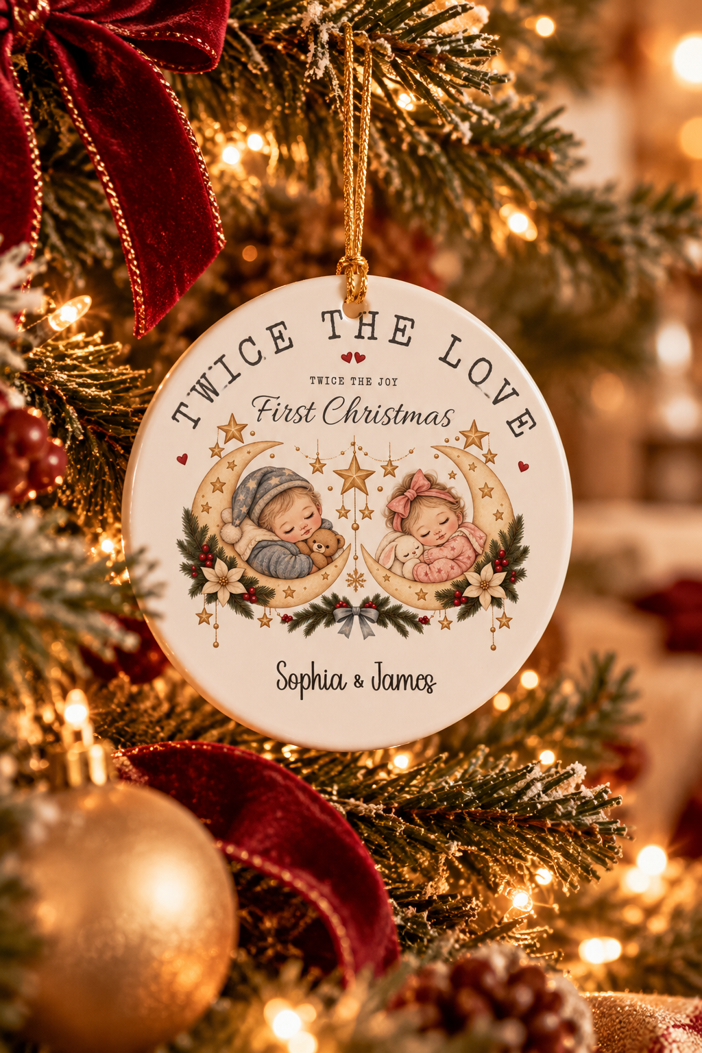 Personalized Twice the Love First Christmas ornament on a decorated Christmas tree with red ribbon and warm lights, lifestyle photo