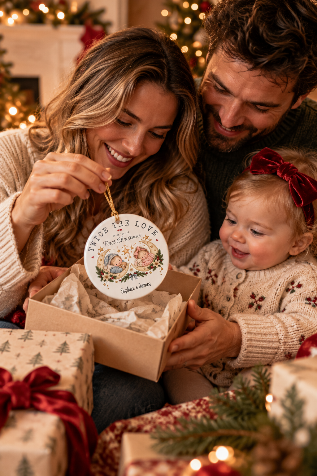 Parents with their twins opening the Twice the Love First Christmas ornament