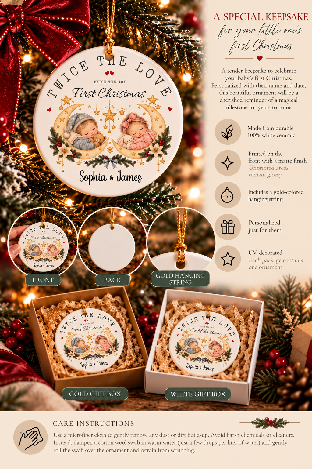 Personalized Twice the Love First Christmas ornament infographic with features, gift packaging options and care instructions