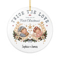 Personalized Twice the Love First Christmas ornament with two sleeping babies on crescent moons among stars, front view