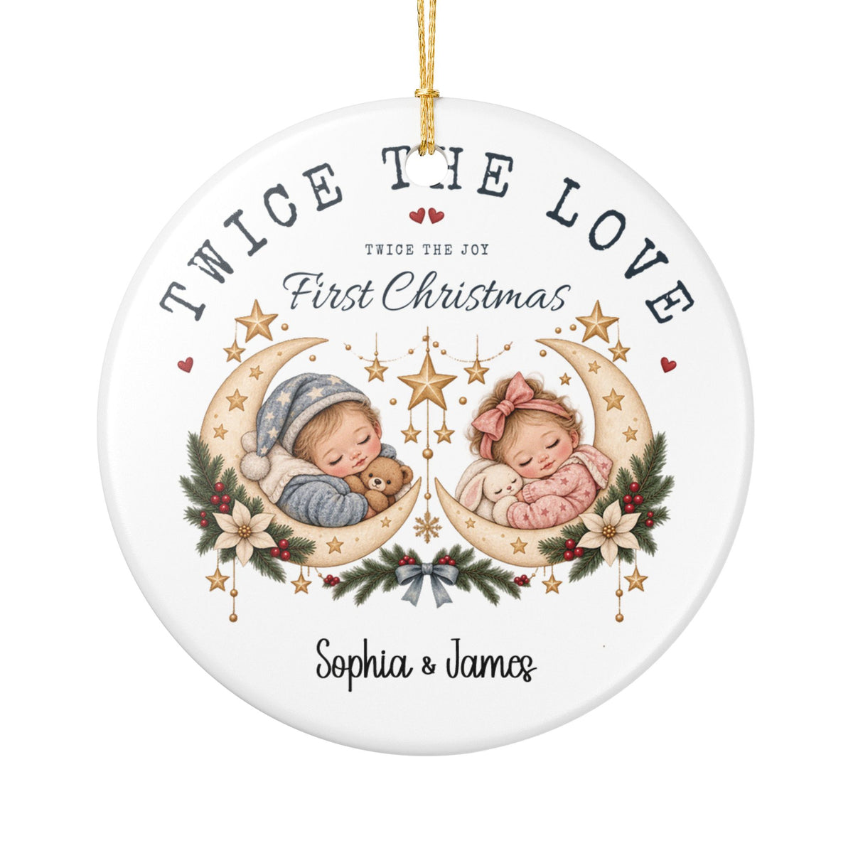 Personalized Twice the Love First Christmas ornament with two sleeping babies on crescent moons among stars, front view