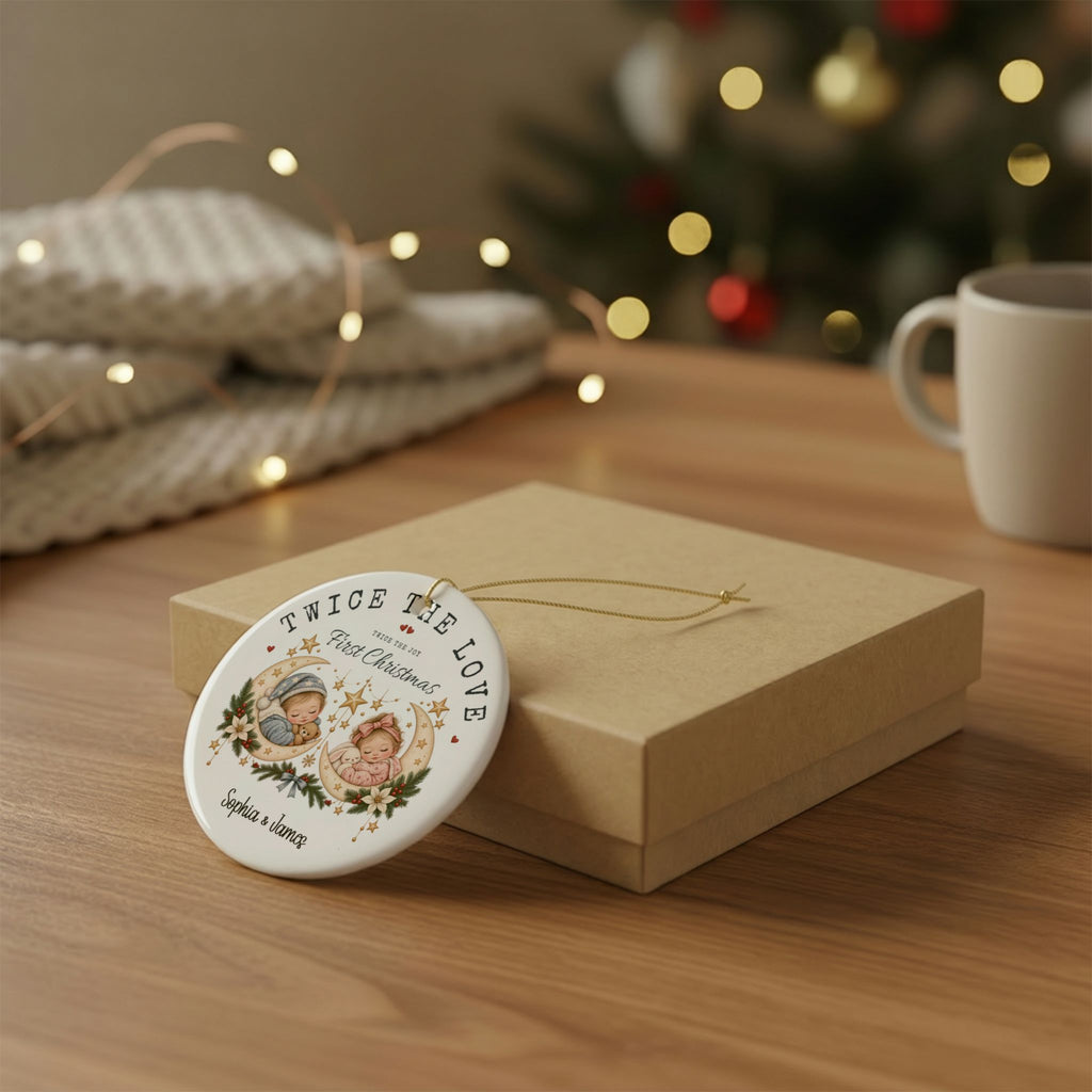 Personalized twins first Christmas ornament resting on a kraft gift box beside a mug and knit throw