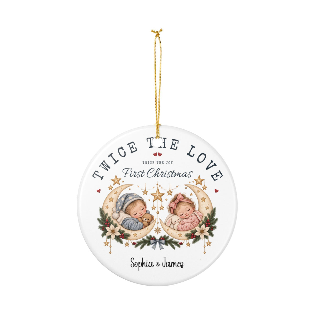 Personalized Twice the Love First Christmas ornament hanging from its gold string
