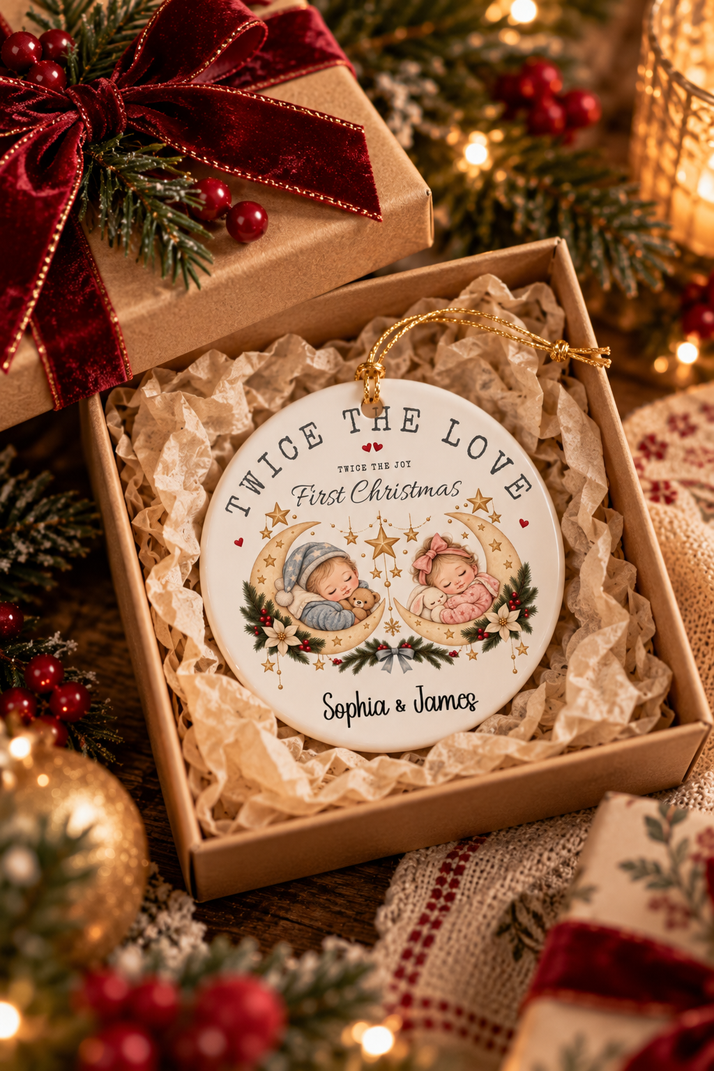 Twice the Love First Christmas ornament nestled in a kraft gift box with crinkle paper, ready to give