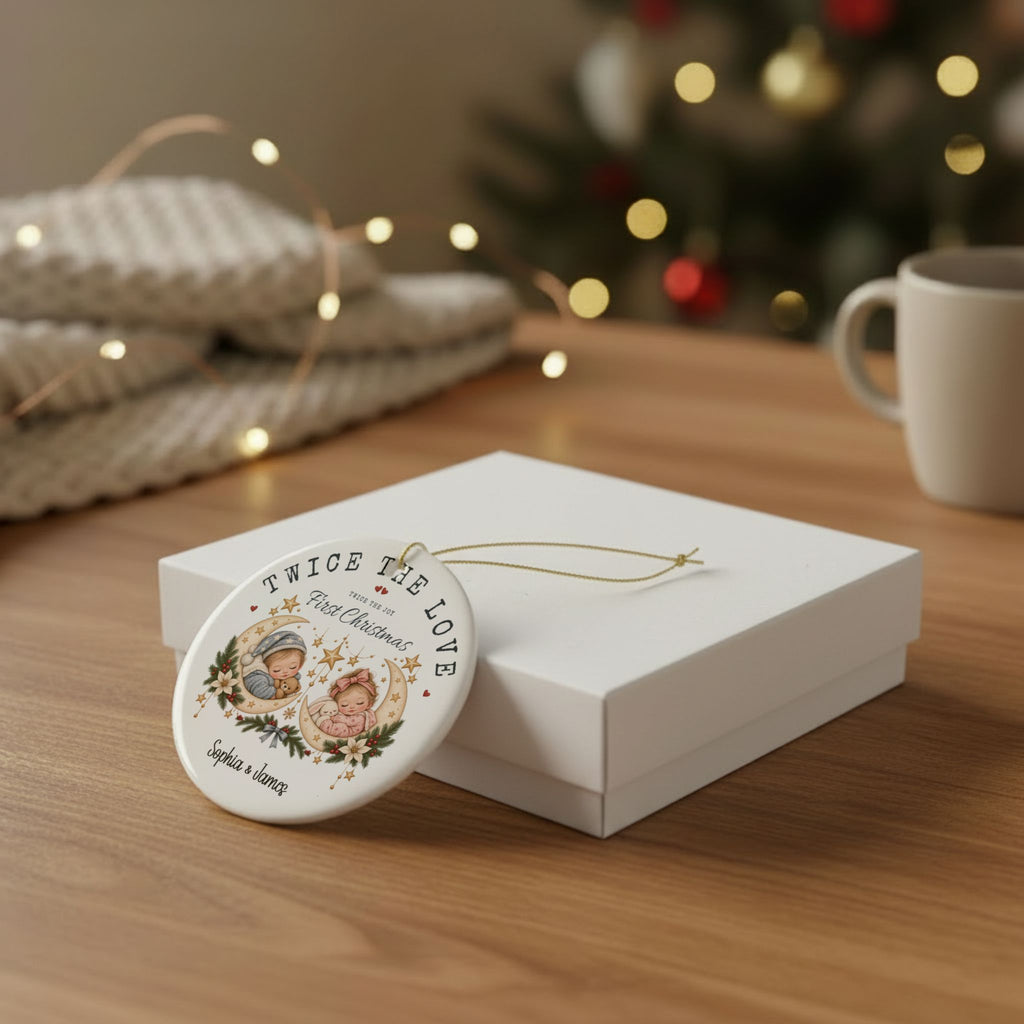 Twice the Love First Christmas ornament leaning against a white gift box on a wooden table