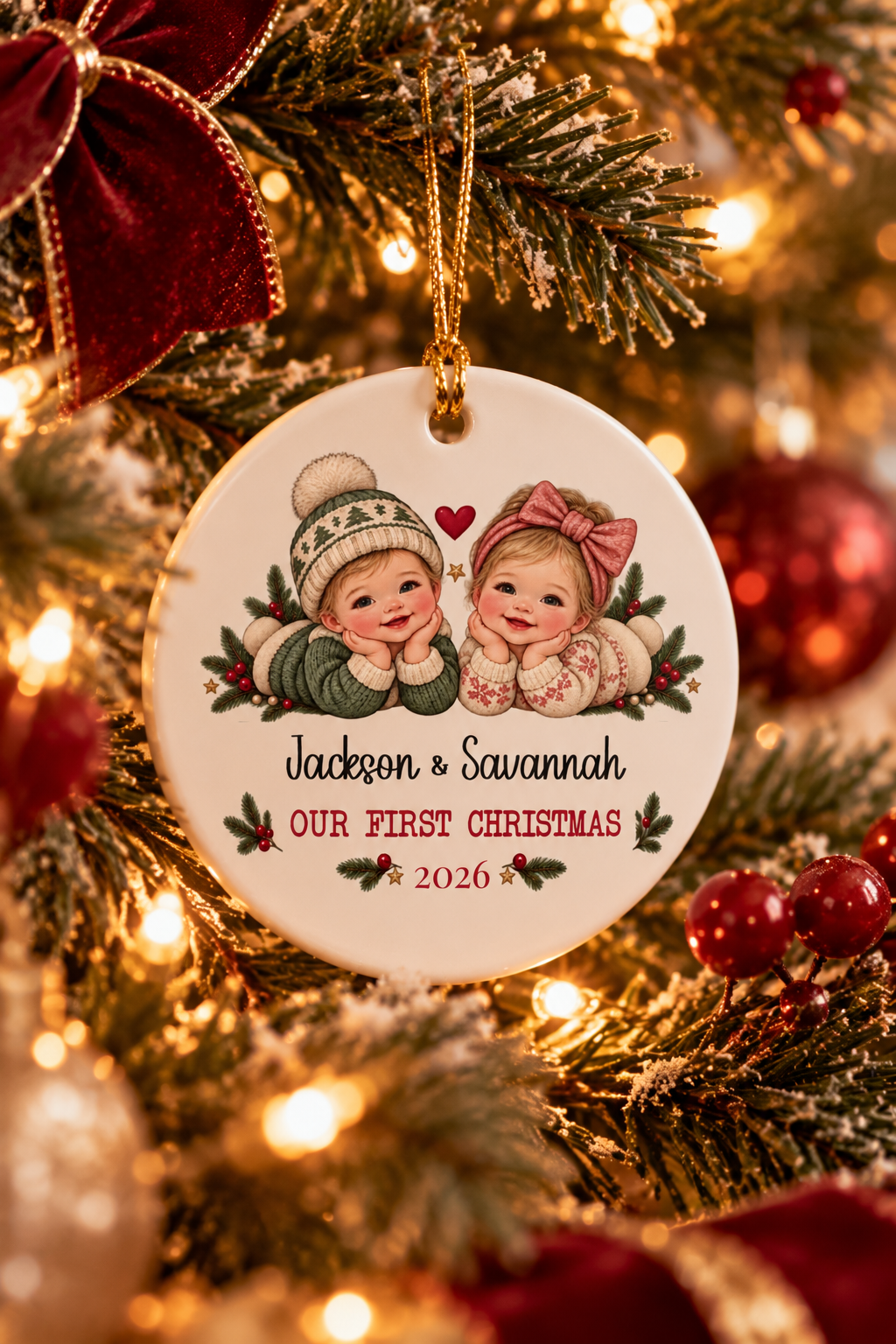 Personalized Twins First Christmas ornament on a decorated Christmas tree with red ribbon and warm lights, lifestyle photo