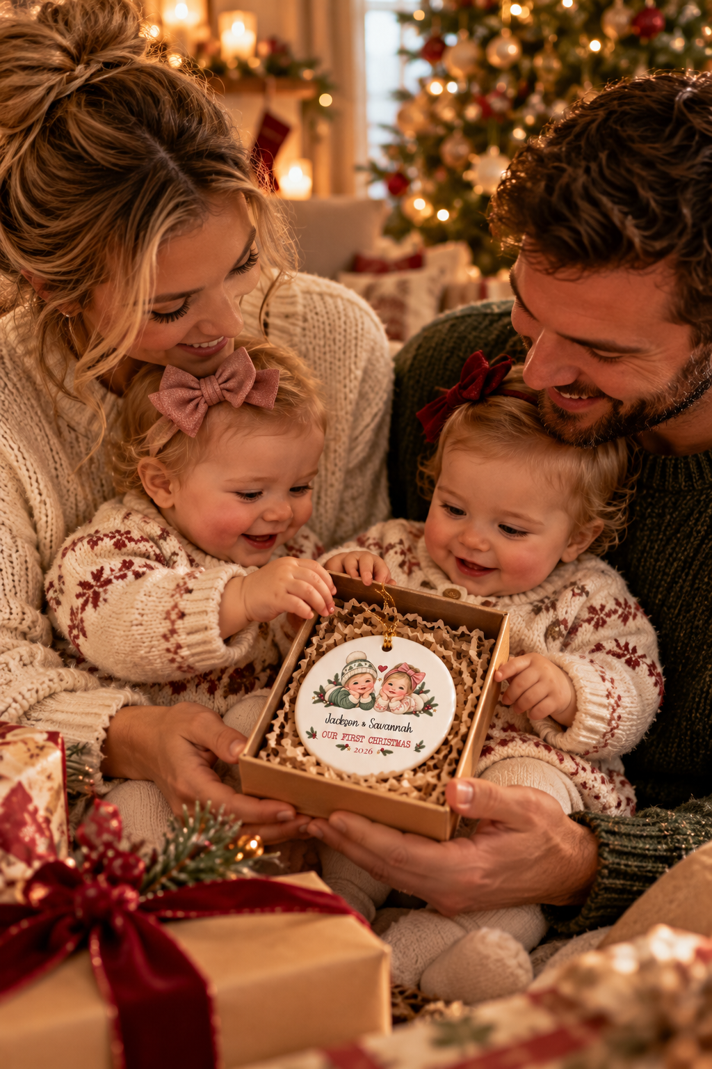 Parents with their twins opening the Twins First Christmas ornament