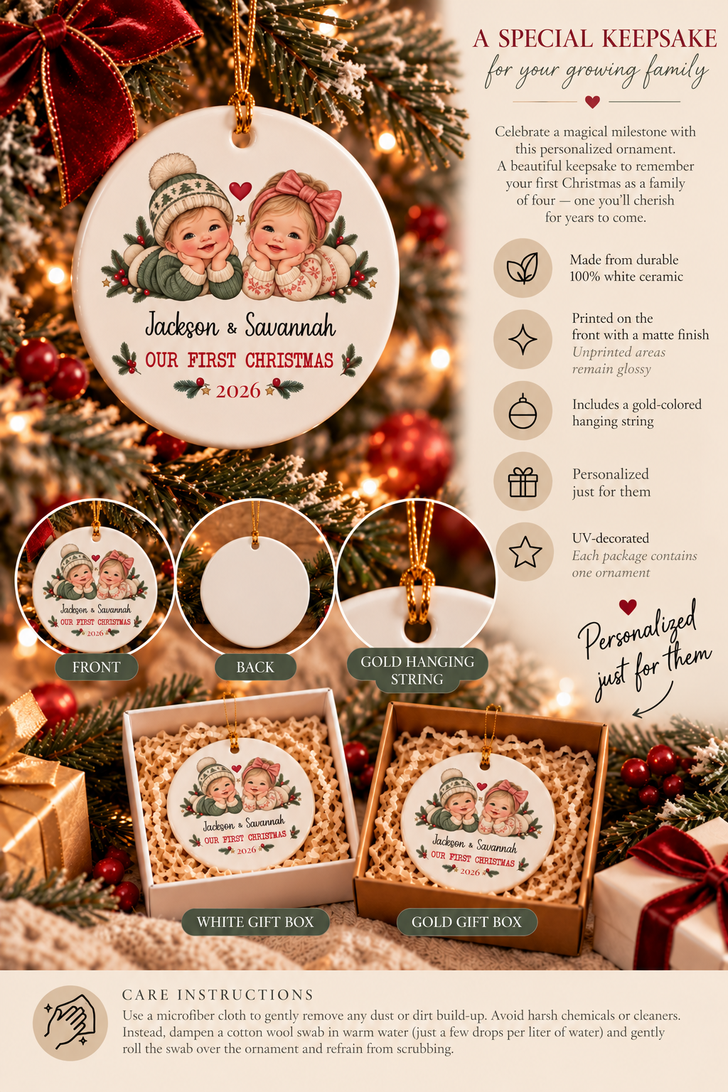 Personalized Twins First Christmas ornament infographic with features, gift packaging options and care instructions