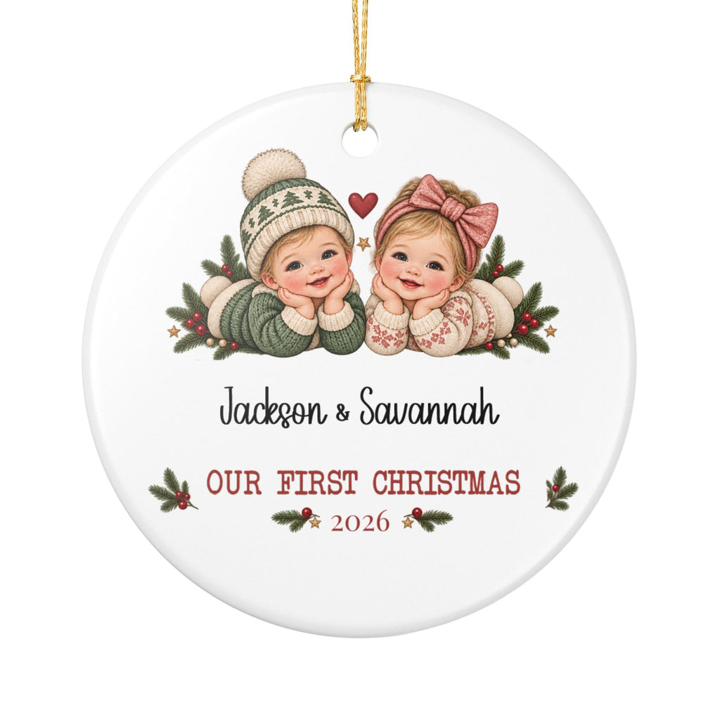 Personalized Twins First Christmas ornament with two babies in knitted Christmas hats among holly, front view