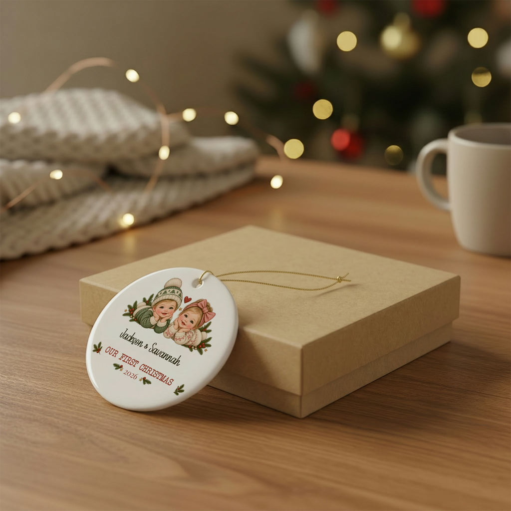 Personalized twins first Christmas ornament resting on a kraft gift box beside a mug and knit throw
