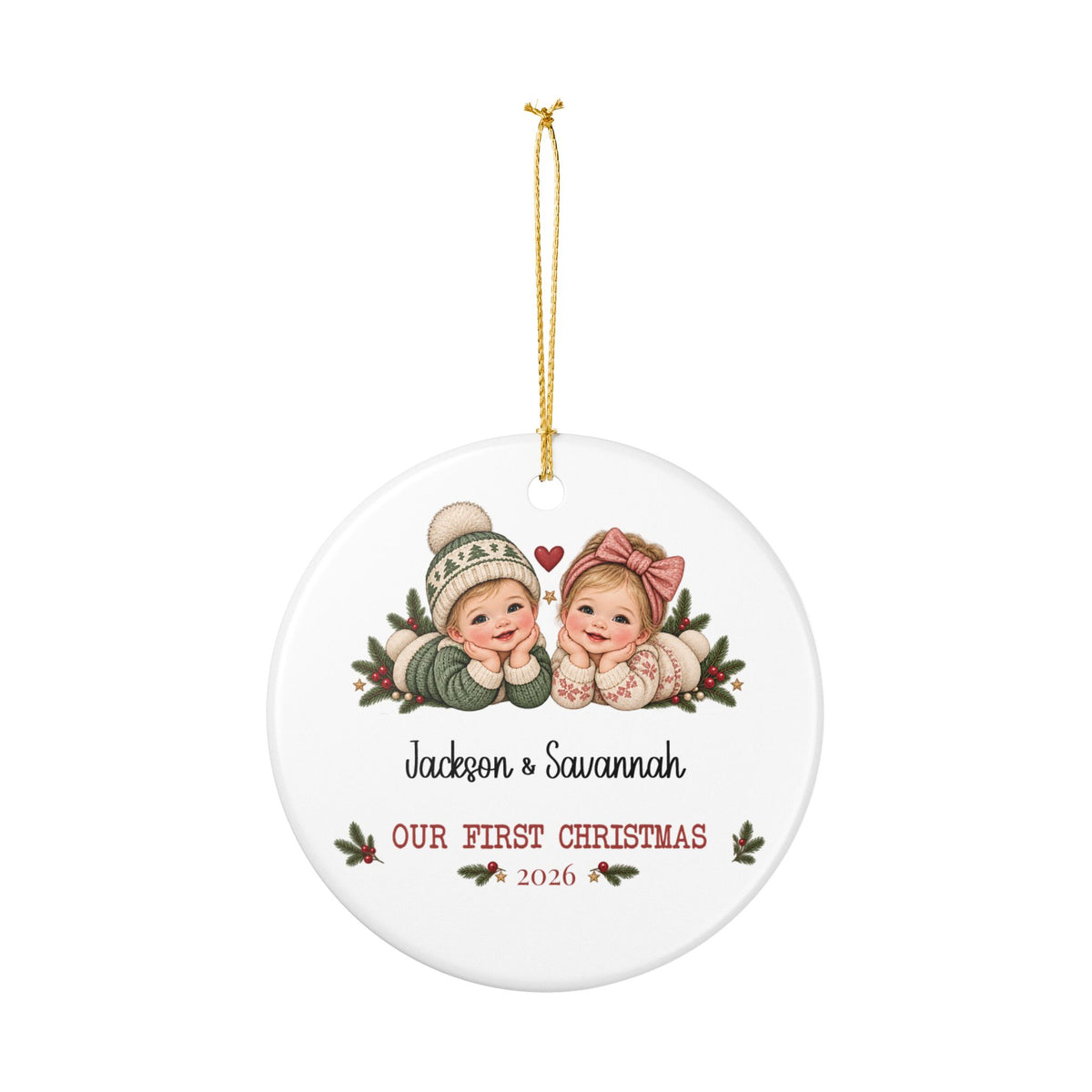 Personalized Twins First Christmas ornament hanging from its gold string