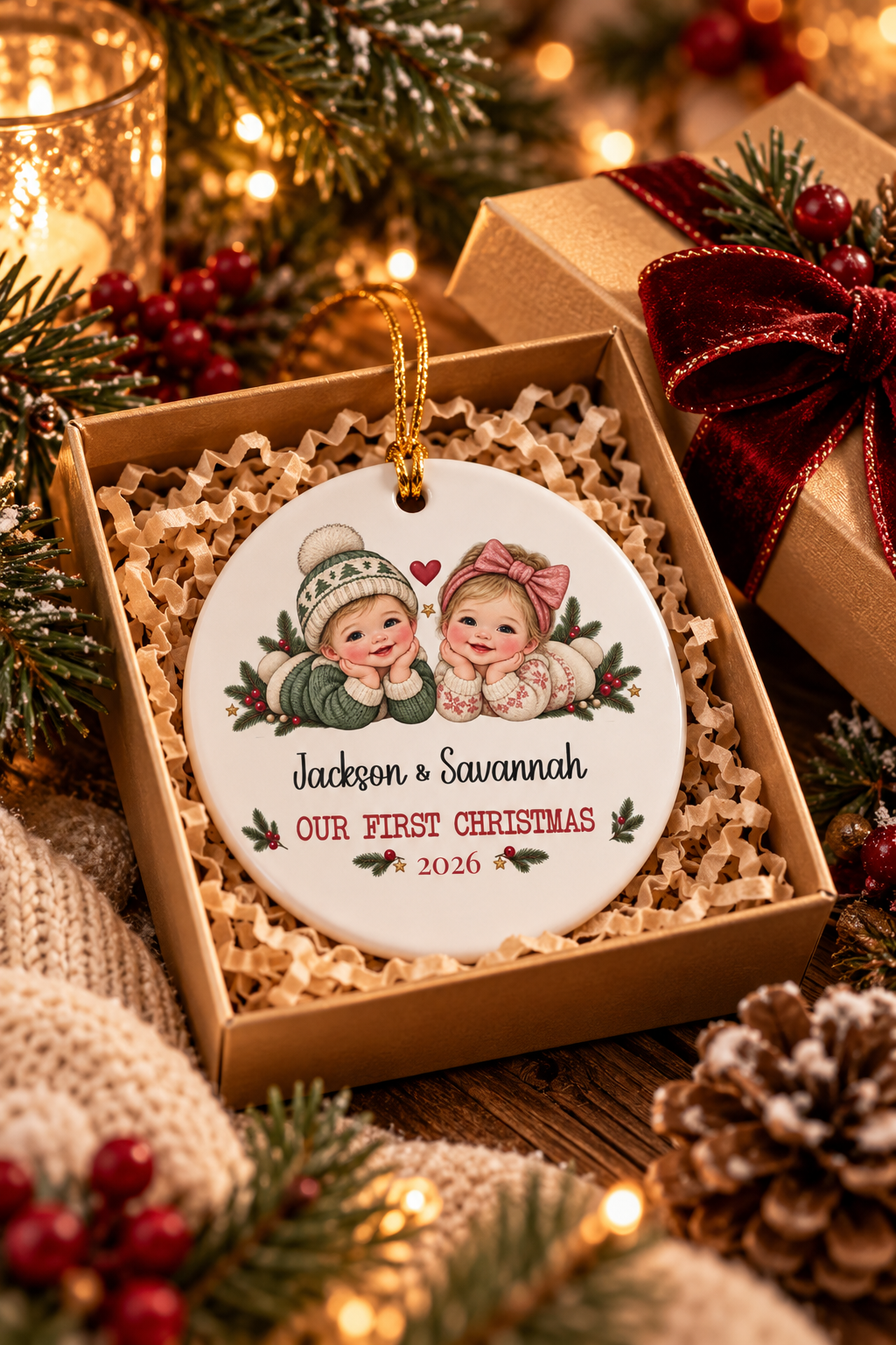 Twins First Christmas ornament nestled in a kraft gift box with crinkle paper, ready to give