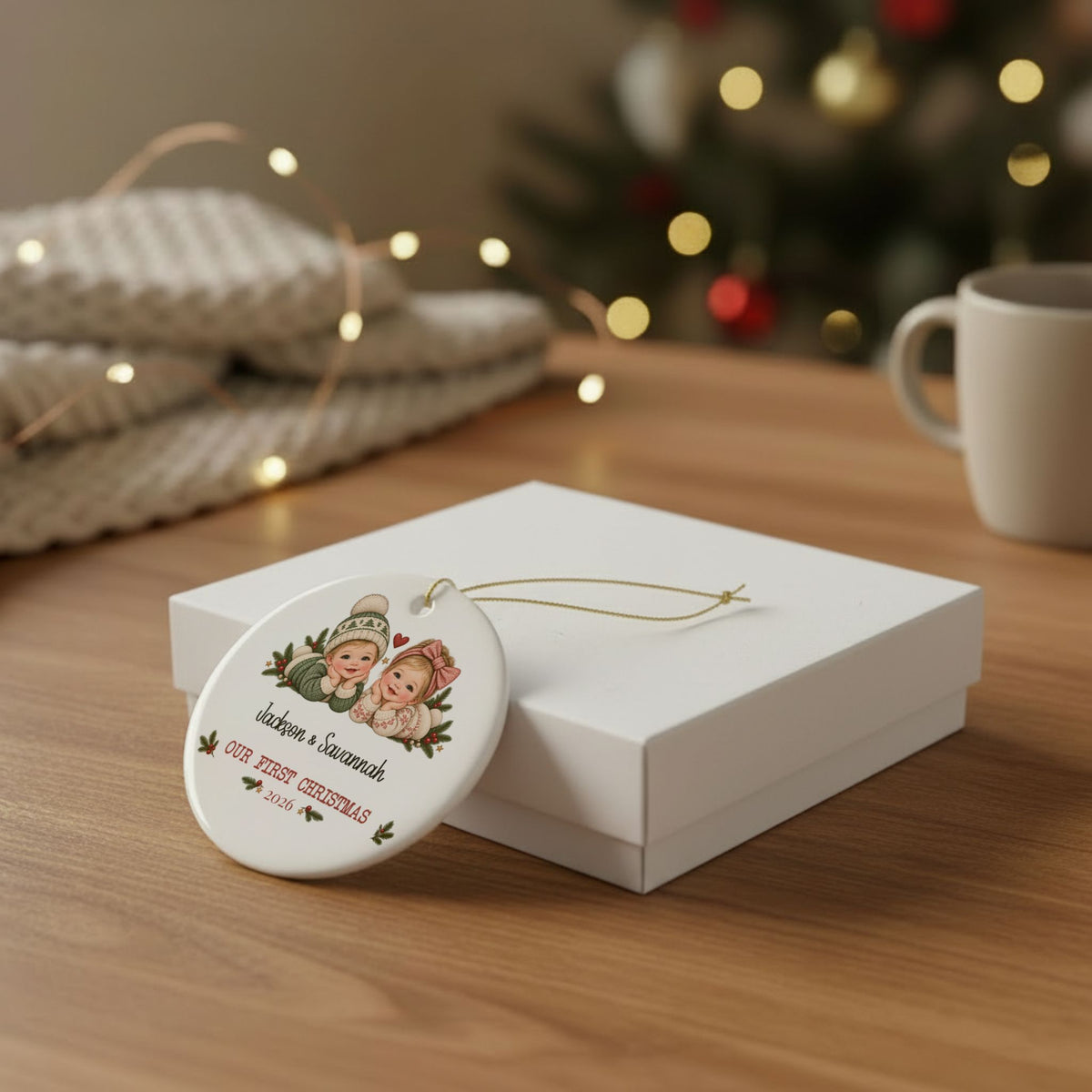 Twins First Christmas ornament leaning against a white gift box on a wooden table