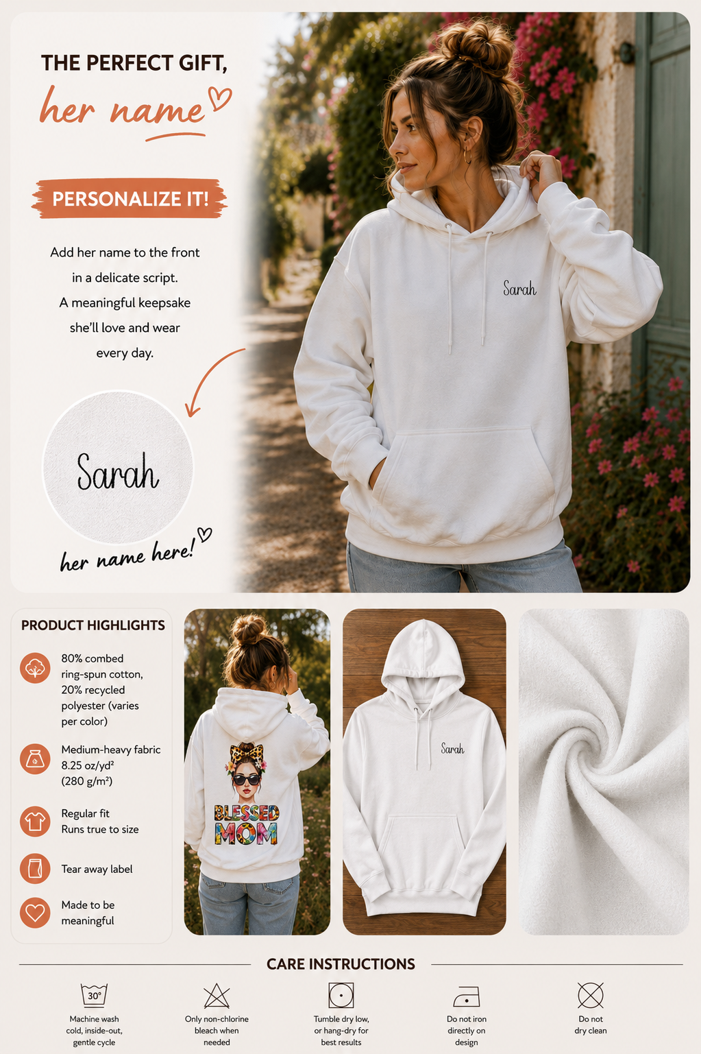 A promotional collage for a customizable white hoodie. The top section shows a woman wearing the hoodie outdoors, with text explaining personalization. Showing from the front and back. The front has a small script logo on the left chest, and the back has a large colorful graphic of a woman with sunglasses and the words 'BLESSED MOM' in multicolored letters. For mom.