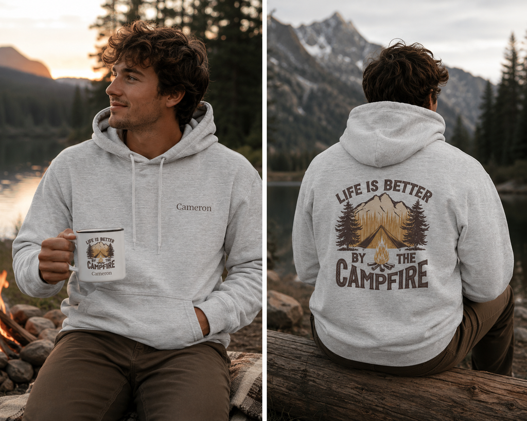 A man wearing a light gray hoodie is shown in a split view, sitting outdoors by a campfire at dusk. The left side shows the front of the hoodie with a small embroidered name, and the right side shows the back with a large graphic reading 'LIFE IS BETTER BY THE CAMPFIRE' above a mountain and campfire design. Special gift for him, dad, granddad, boyfriend.