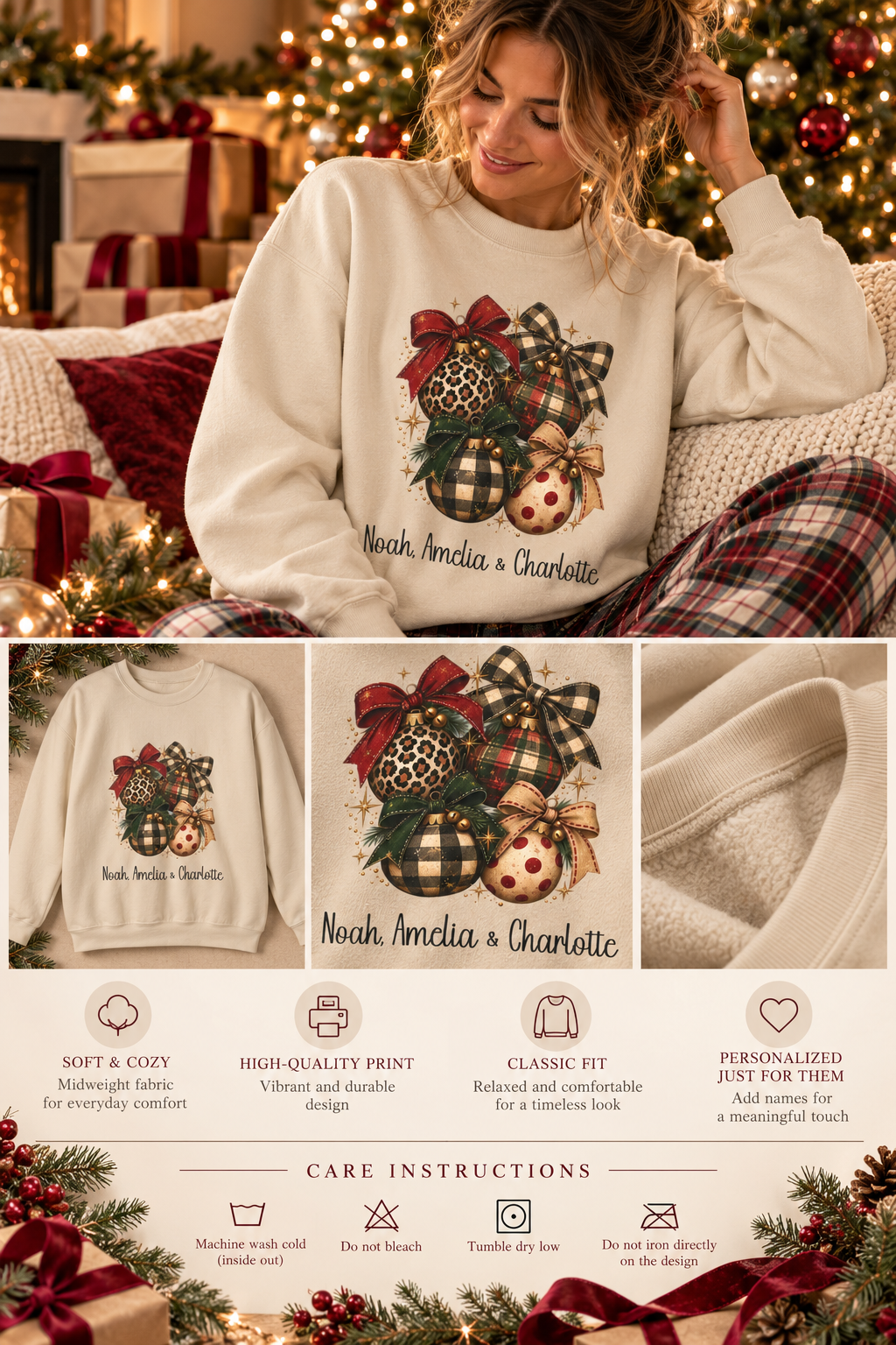 Personalized Vintage Christmas Ornaments sweatshirt infographic with features, gift details and care instructions