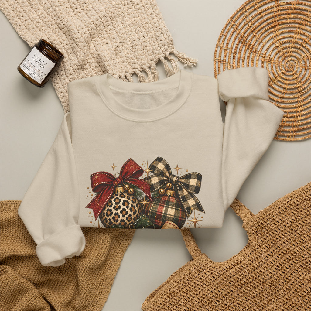 Sand personalized Vintage Christmas Ornaments sweatshirt, flat lay with cozy knit blanket