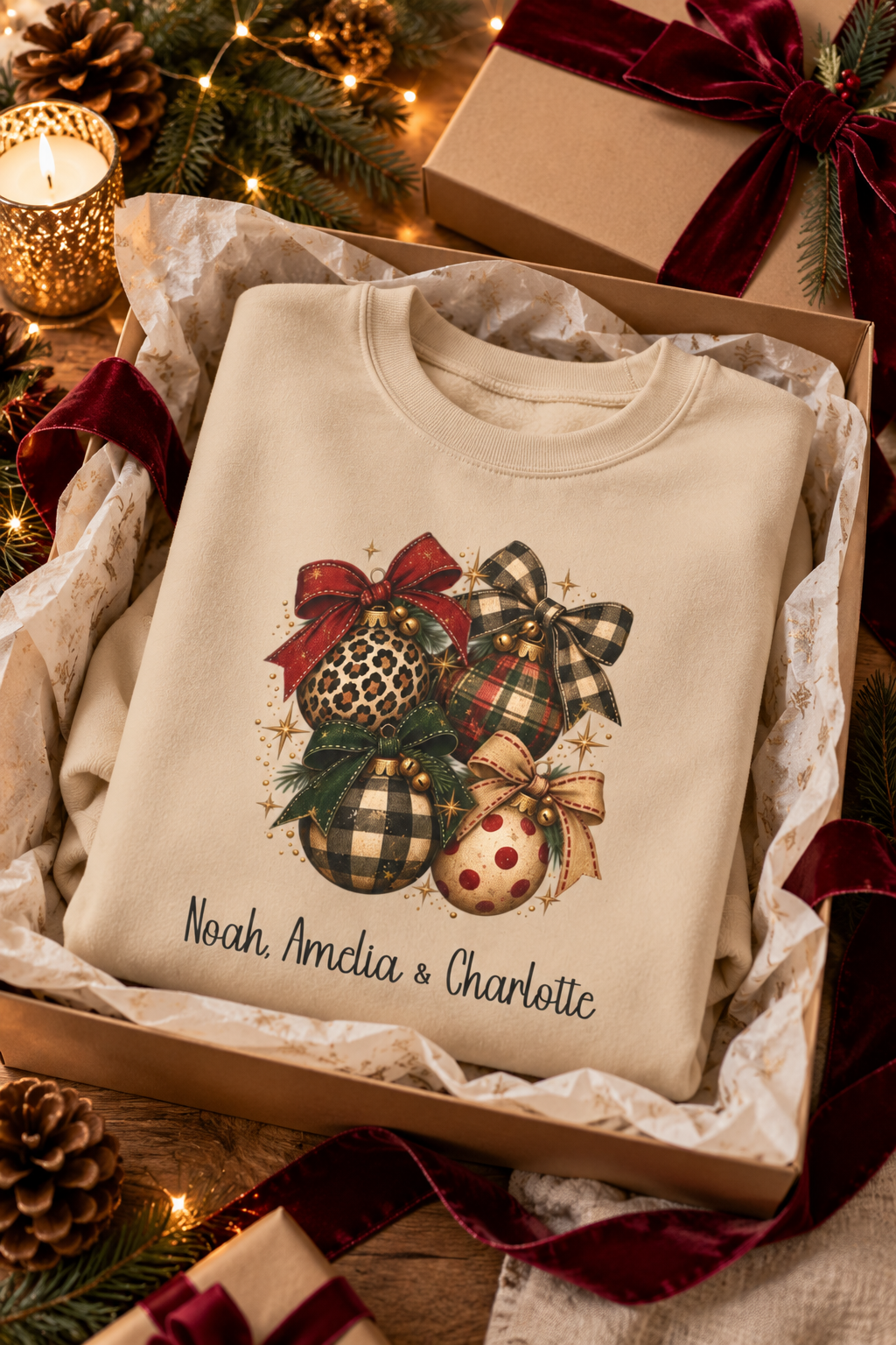 Sand personalized Vintage Christmas Ornaments sweatshirt, in a Christmas gift box, lifestyle photo