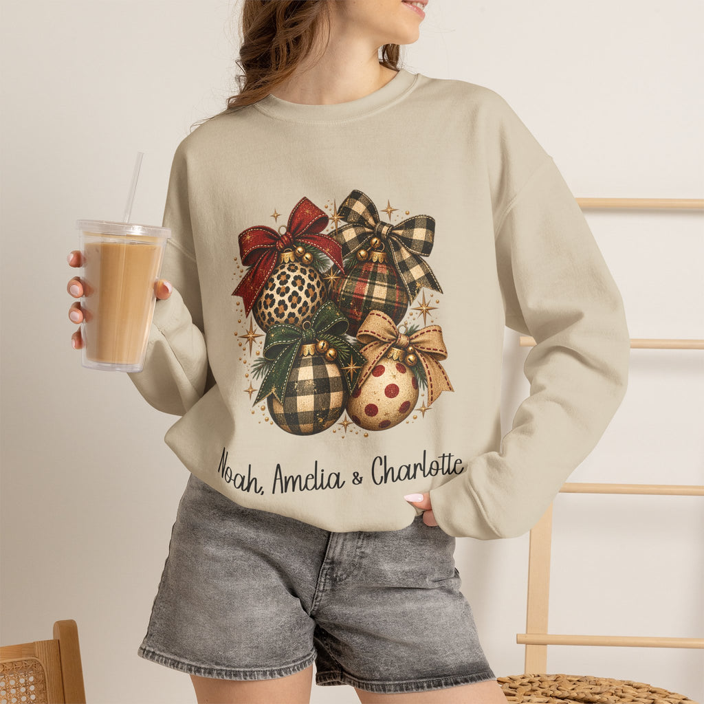 Sand personalized Vintage Christmas Ornaments sweatshirt, worn by model