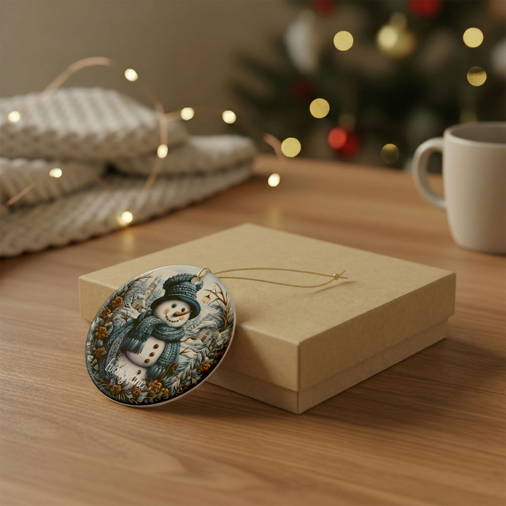 Personalized vintage snowman name ornament resting on a kraft gift box beside a mug and knit throw