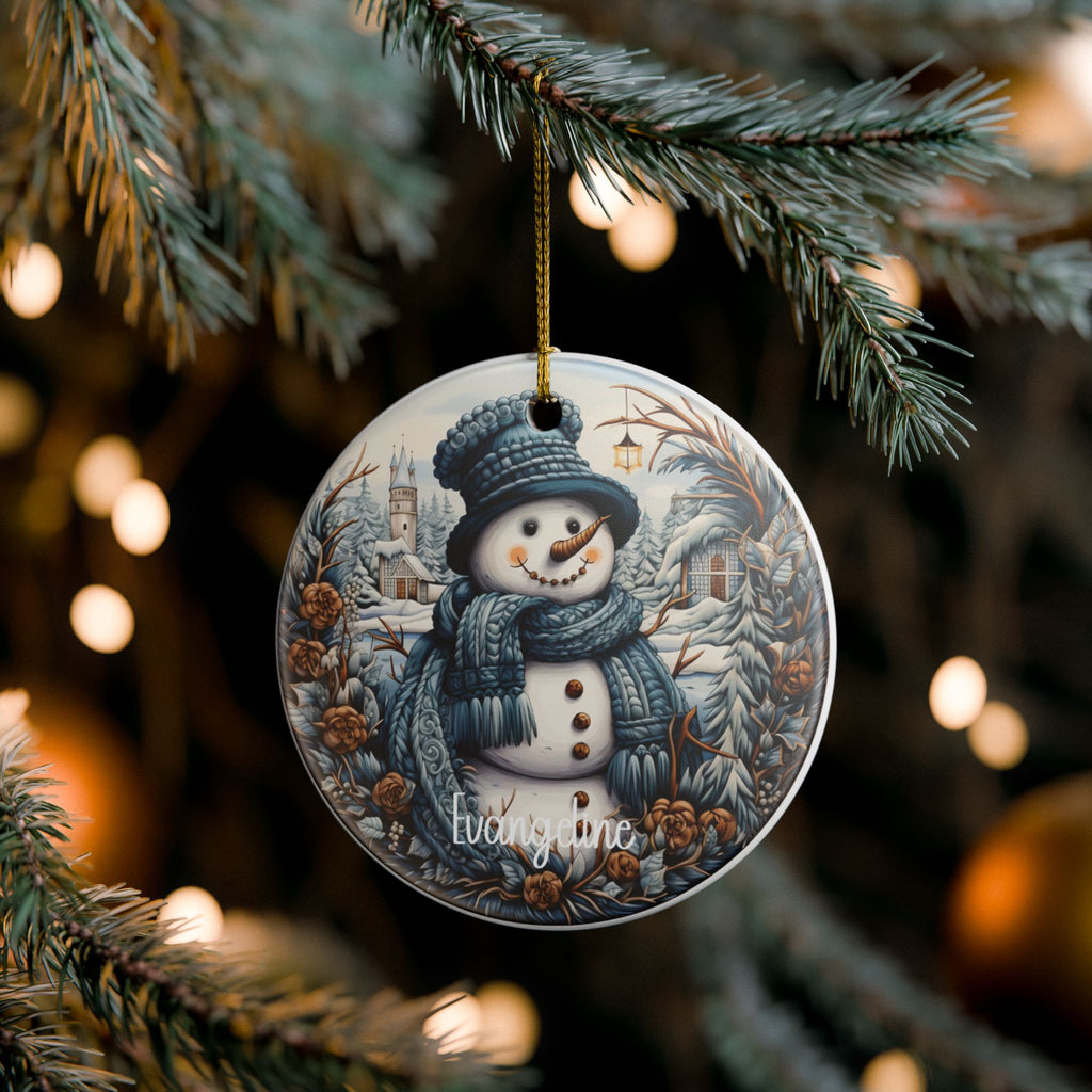 Custom vintage snowman name ornament on pine branches with twinkling Christmas lights