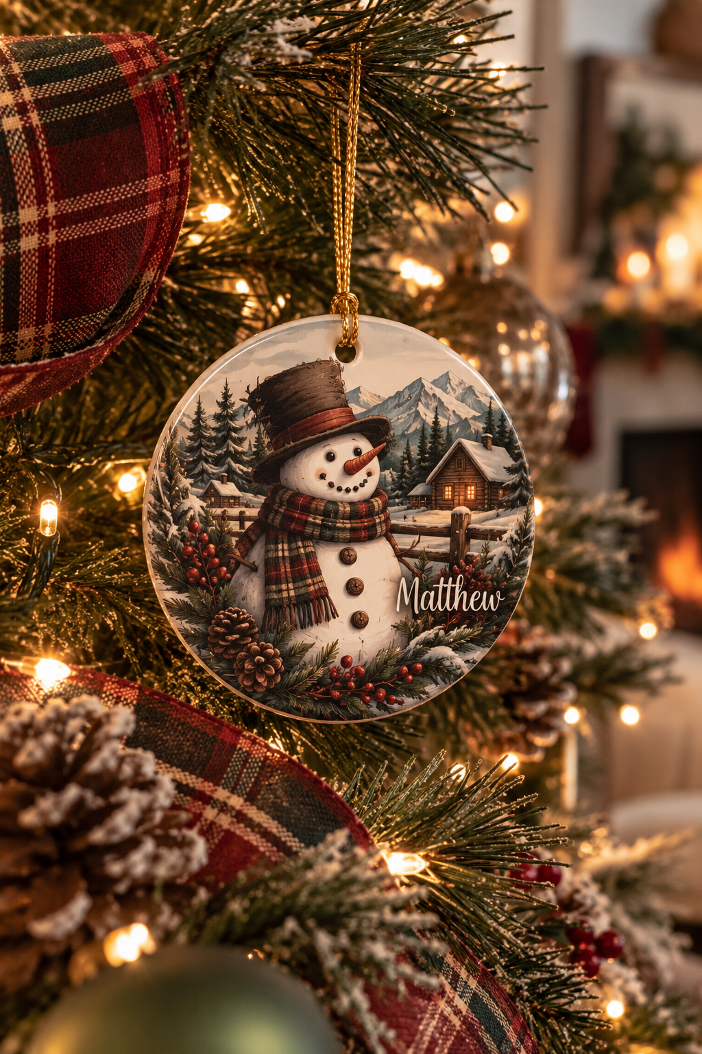 Vintage Winter Snowman ornament close-up among gold baubles and pine on a festive Christmas tree