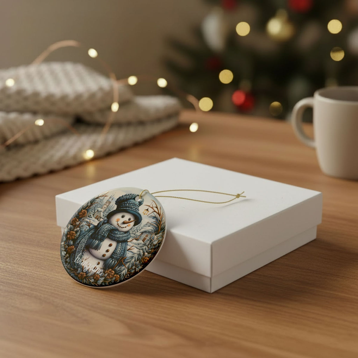 Vintage Winter Snowman ornament leaning against a white gift box on a wooden table
